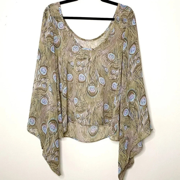 Show Me Your MuMu Peacock Feather Oversized Tunic Blouse Butterfly Sleeve Med - Picture 8 of 9